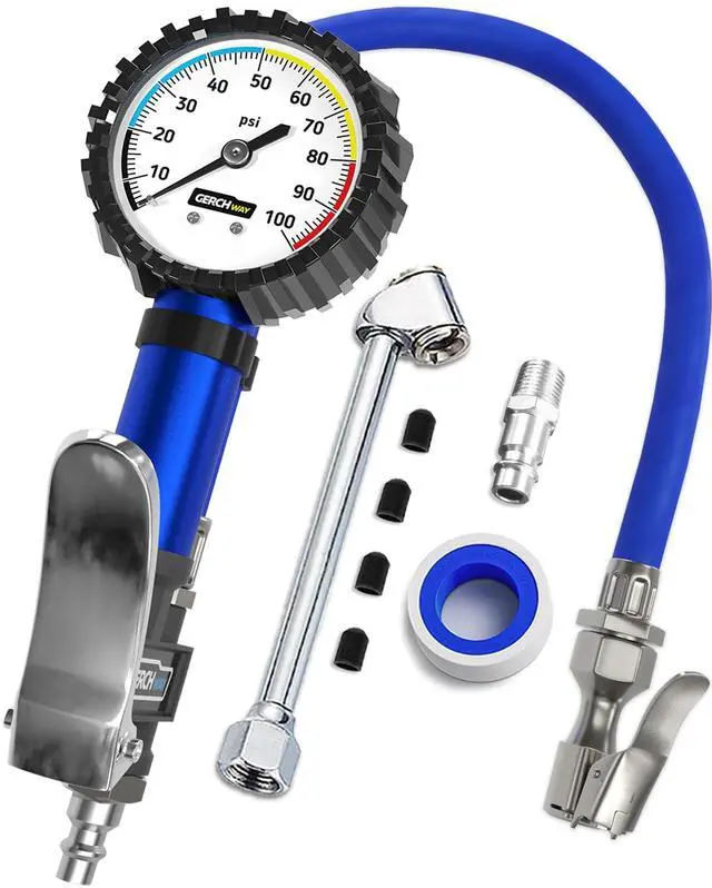 Main image of KEHIPI Tire Inflator with Pressure Gauge and Longer Hose - Most Accurate, Heavy Duty Air Chuck with Gauge for Air Compressor Tire Inflator Attachment - 100PSI
