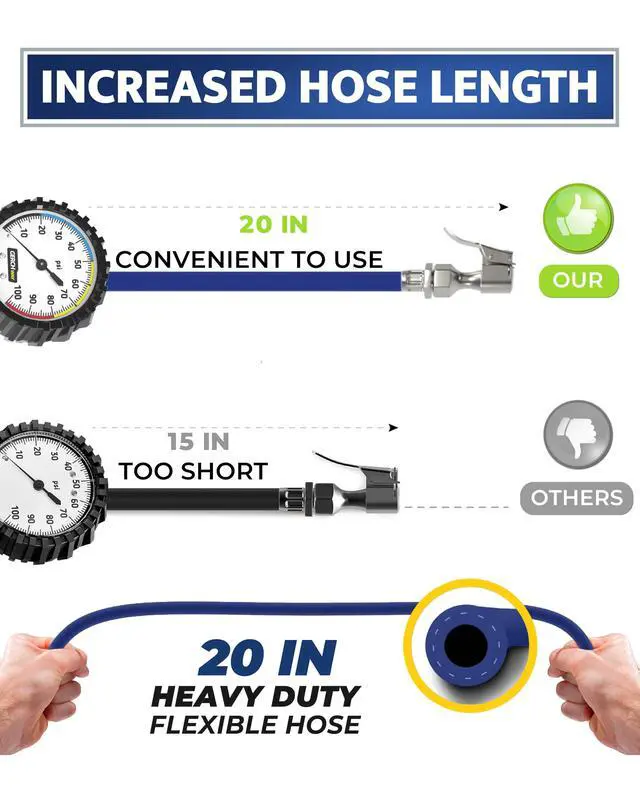 Alt view image 5 of 7 - KEHIPI Tire Inflator with Pressure Gauge and Longer Hose - Most Accurate, Heavy Duty Air Chuck with Gauge for Air Compressor Tire Inflator Attachment - 100PSI