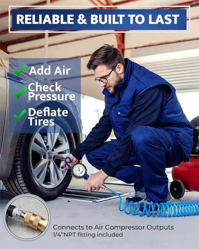 Alt view image 2 of 7 - KEHIPI Tire Inflator with Pressure Gauge and Longer Hose - Most Accurate, Heavy Duty Air Chuck with Gauge for Air Compressor Tire Inflator Attachment - 100PSI