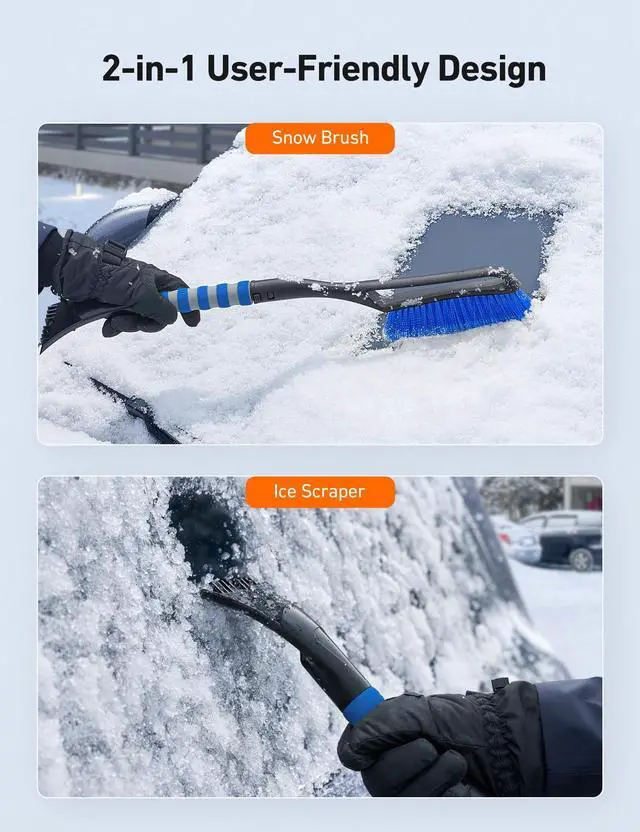 Alt view image 2 of 7 - KEHIPI 2 Pack 27" Snow Brush and Ice Scrapers for Car Windshield, Detachable Snow Scrapers with Ergonomic Foam Grip for Cars, Trucks, SUVs (Heavy Duty ABS, PVC Brush, Orange)