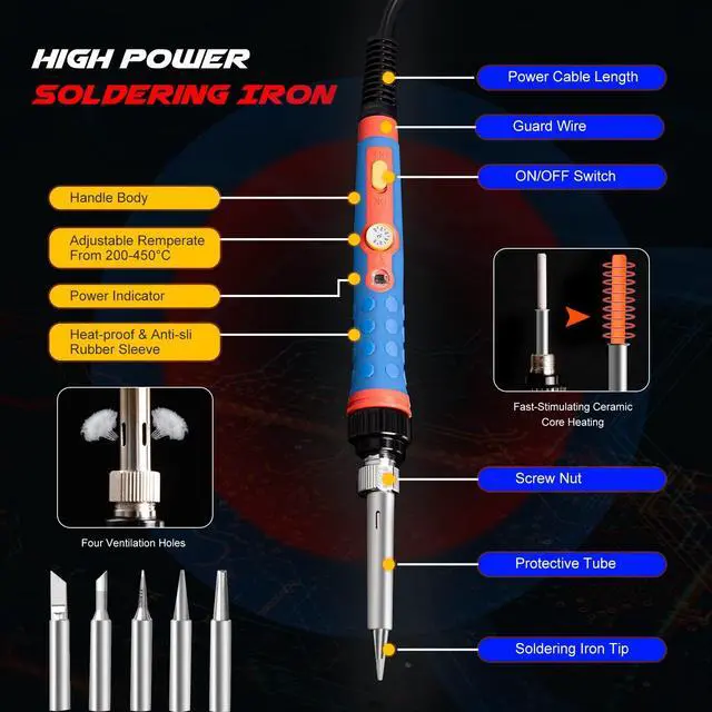 Alt view image 2 of 7 - KEHIPI Soldering Iron Kit, 60W 110V Soldering Welding Kit with Ceramic Heater, 10 in 1 Adjustable Temperature Welding Tools, Solder Irons Pen for Metal, Jewelry, Electric Repairing, DIY