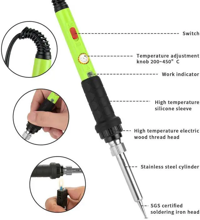 Alt view image 4 of 6 - KEHIPI Soldering Iron Kit, 60W Soldering Iron with 5pc Interchangeable Tips, 10-in-1 Adjustable Temperature Solder Welding Tools, Fast Heating, Electronic Repair, 110V, Green