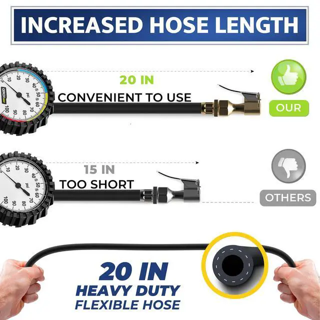 Alt view image 4 of 7 - KEHIPI Tire Inflator with Pressure Gauge and Longer Hose - Most Accurate, Heavy Duty Air Chuck with Gauge for Air Compressor Tire Inflator Attachment - 100PSI