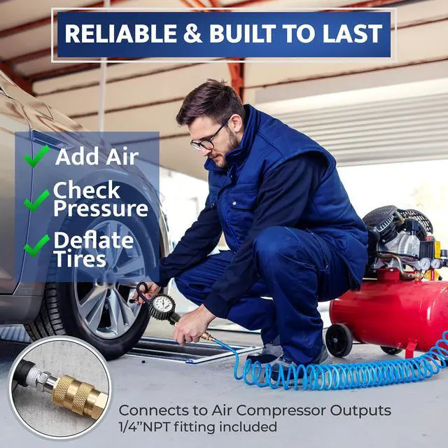 Alt view image 2 of 7 - KEHIPI Tire Inflator with Pressure Gauge and Longer Hose - Most Accurate, Heavy Duty Air Chuck with Gauge for Air Compressor Tire Inflator Attachment - 100PSI