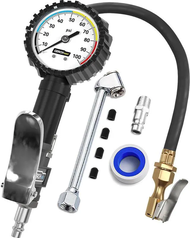 Main image of KEHIPI Tire Inflator with Pressure Gauge and Longer Hose - Most Accurate, Heavy Duty Air Chuck with Gauge for Air Compressor Tire Inflator Attachment - 100PSI