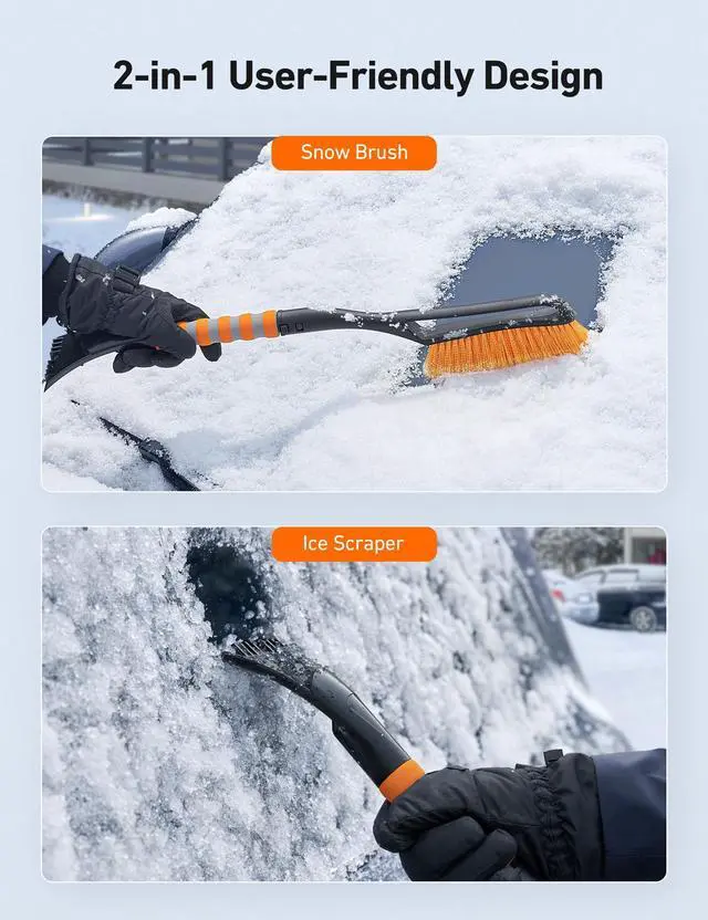 Alt view image 2 of 7 - KEHIPI 2 Pack 27" Snow Brush and Ice Scrapers for Car Windshield, Detachable Snow Scrapers with Ergonomic Foam Grip for Cars, Trucks, SUVs (Heavy Duty ABS, PVC Brush, Orange)