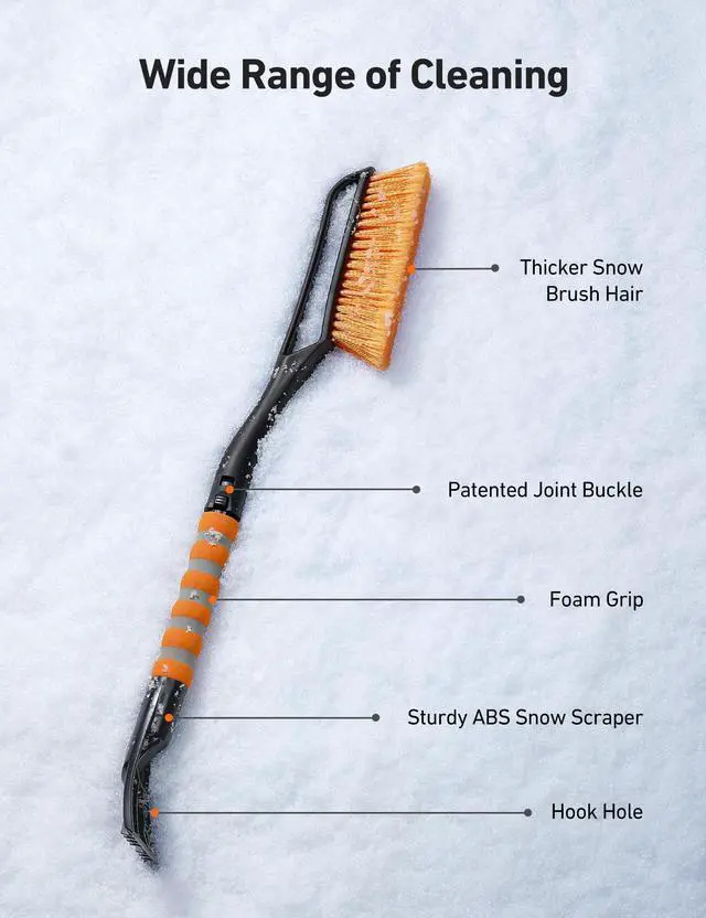 Alt view image 7 of 7 - KEHIPI 2 Pack 27" Snow Brush and Ice Scrapers for Car Windshield, Detachable Snow Scrapers with Ergonomic Foam Grip for Cars, Trucks, SUVs (Heavy Duty ABS, PVC Brush, Orange)