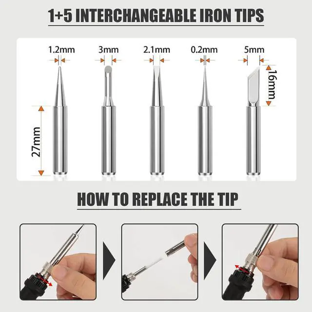 Alt view image 6 of 6 - KEHIPI Soldering Iron Kit, 60W Soldering Iron with 5pc Interchangeable Tips, 10-in-1 Adjustable Temperature Solder Welding Tools, Fast Heating, Electronic Repair, 110V, Green