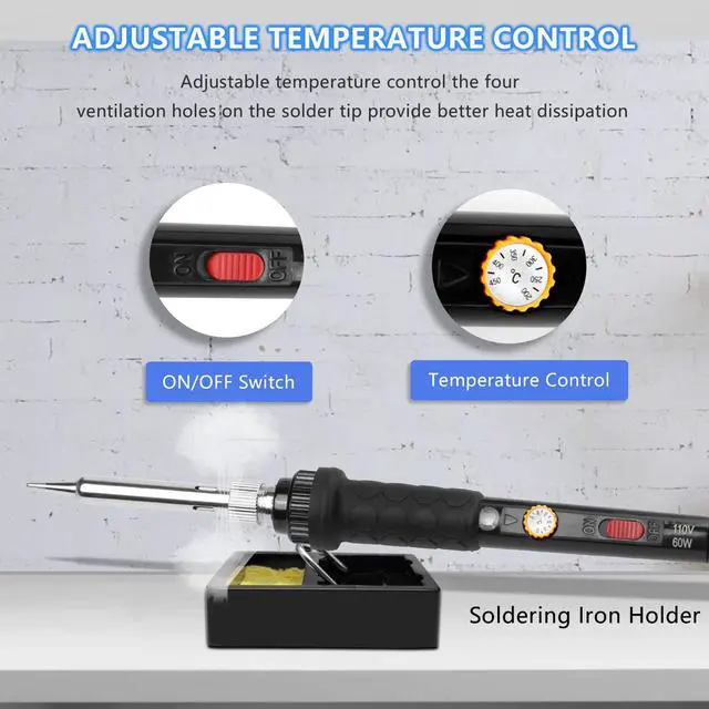 Alt view image 4 of 7 - KEHIPI Soldering Iron Kit, 60W 110V Soldering Irons, Adjustable Temperature Soldering Welding Tool Kit with Extra 5pcs Tips, Stand, Sponge, Solder Wire