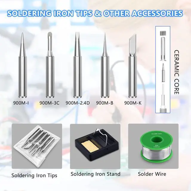 Alt view image 5 of 7 - KEHIPI Soldering Iron Kit, 60W 110V Soldering Irons, Adjustable Temperature Soldering Welding Tool Kit with Extra 5pcs Tips, Stand, Sponge, Solder Wire