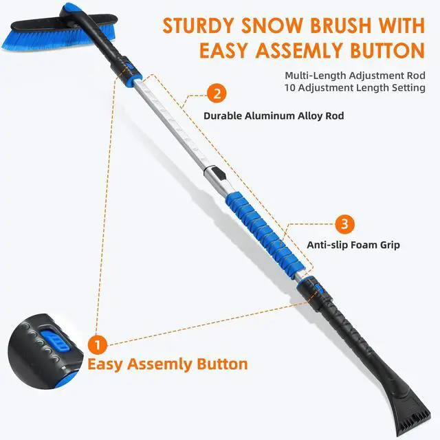 Alt view image 2 of 7 - KEHIPI 47.2" Ice Scrapers for Car Windshield and Extendable Snow Scraper with Foam Grip and 360° Pivoting Brush Head for Christmas Car Auto Truck SUV(Blue)