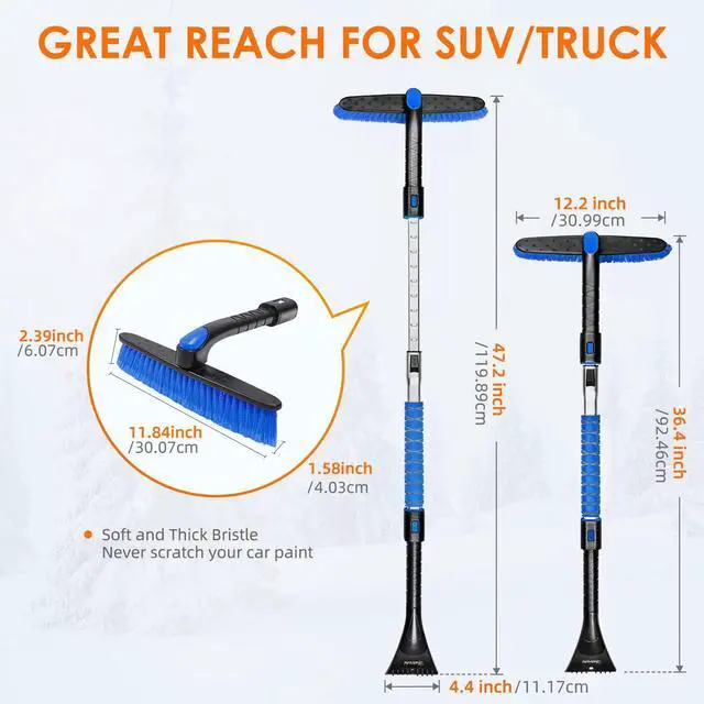 Alt view image 5 of 7 - KEHIPI 47.2" Ice Scrapers for Car Windshield and Extendable Snow Scraper with Foam Grip and 360° Pivoting Brush Head for Christmas Car Auto Truck SUV(Blue)