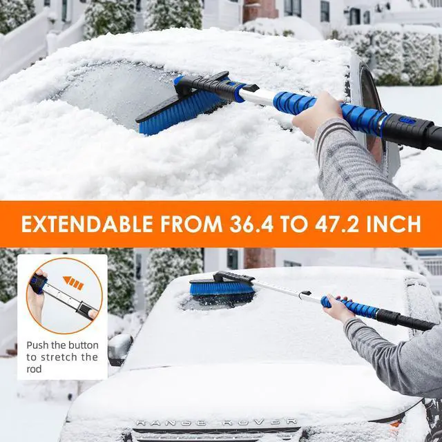 Alt view image 6 of 7 - KEHIPI 47.2" Ice Scrapers for Car Windshield and Extendable Snow Scraper with Foam Grip and 360° Pivoting Brush Head for Christmas Car Auto Truck SUV(Blue)
