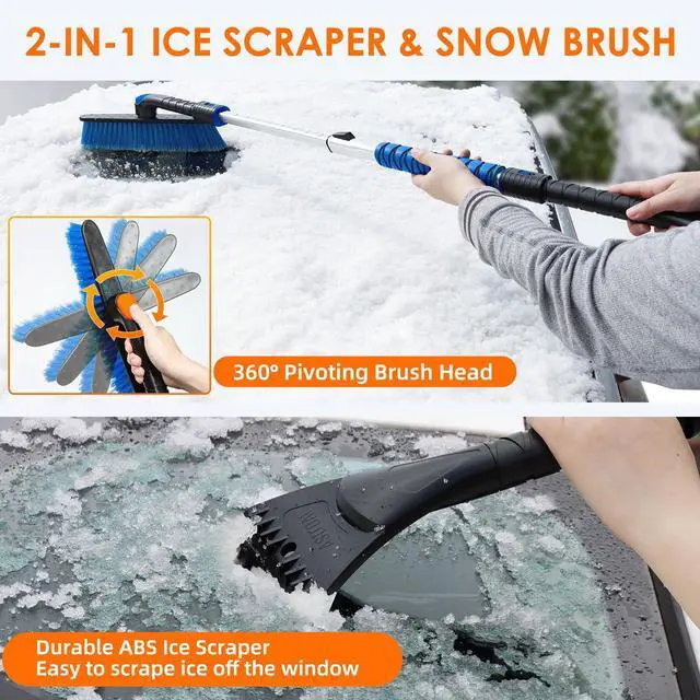 Alt view image 4 of 7 - KEHIPI 47.2" Ice Scrapers for Car Windshield and Extendable Snow Scraper with Foam Grip and 360° Pivoting Brush Head for Christmas Car Auto Truck SUV(Blue)