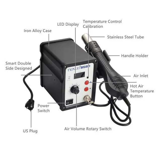 Alt view image 3 of 7 - KEHIPI 858D 110V Solder Station, Digital Display SMD Hot Air Rework Station Solder Iron Kit Heat Gun, Tweezers, Desoldering Pump
