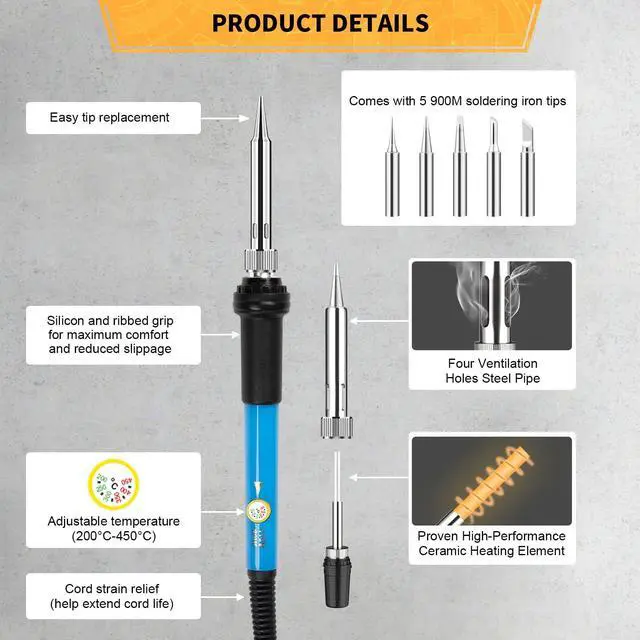 Alt view image 2 of 6 - KEHIPI Soldering Iron Kit Electronics, 60W Adjustable Temperature Welding Tool, 5pcs Soldering Tips, Desoldering Pump, Soldering Iron Stand, Tweezers