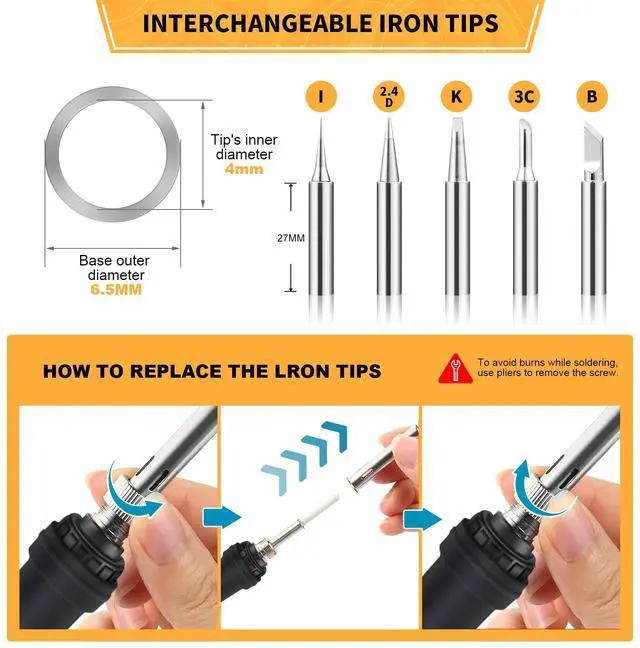 Alt view image 3 of 6 - KEHIPI Soldering Iron Kit Electronics, 60W Adjustable Temperature Welding Tool, 5pcs Soldering Tips, Desoldering Pump, Soldering Iron Stand, Tweezers