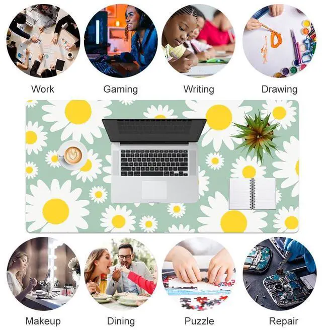 Alt view image 7 of 7 - KEHIPI Large Mouse Pad, Extended Desk Mat for Desktop, PU Leather Waterproof Gaming Mousepad, Computer Desk Accessories Protector Writing Pads for School Office Home 31.5" x 15.7" - Sunny Daisies