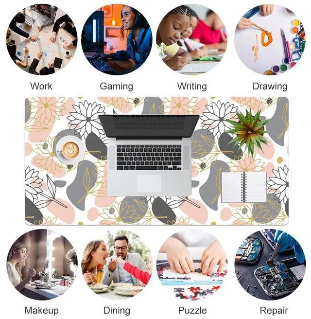 Alt view image 7 of 7 - KEHIPI Large Mouse Pad, Extended Desk Mat for Desktop, PU Leather Waterproof Gaming Mousepad, Computer Desk Accessories Protector Writing Pads for School Office Home 31.5" x 15.7" - Line Art Flowers