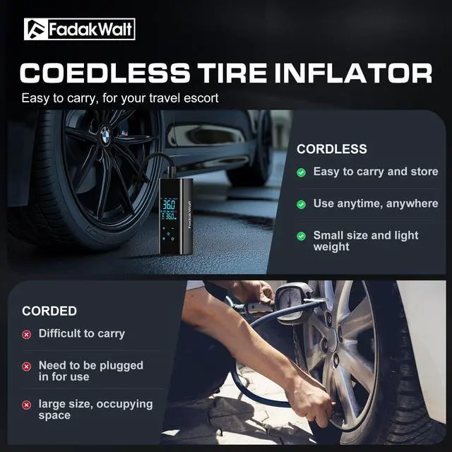 Alt view image 3 of 5 - KEHIPI Tire Inflator Portable Air Compressor, 150 PSI Cordless Air Pump with Digital Pressure Gauge, LED Light, Auto Shut-Off, for Car, Motorcycle, Bike, Ball  Not for Truck Tires