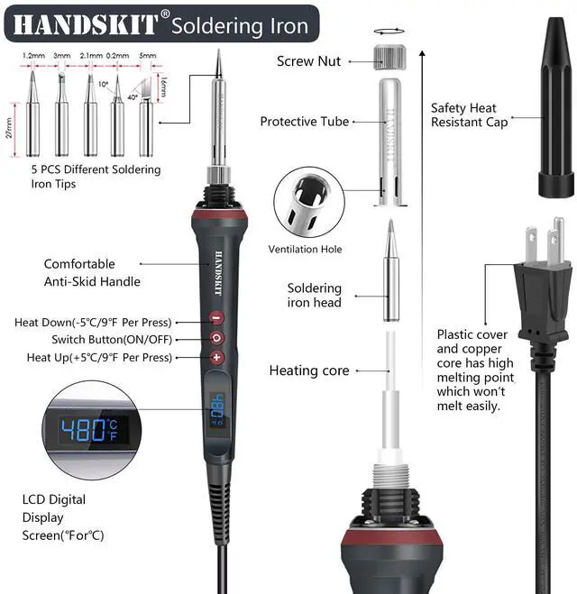 Alt view image 2 of 7 - KEHIPI Soldering Iron Kit, 90W Adjustable Temp 180-480°C Soldering Iron with LED Display, 9-in-1 Soldering Gun Kit, Includes 5 Tips, Solder Wire, Stand, Precision Tools for Electronics and Welding