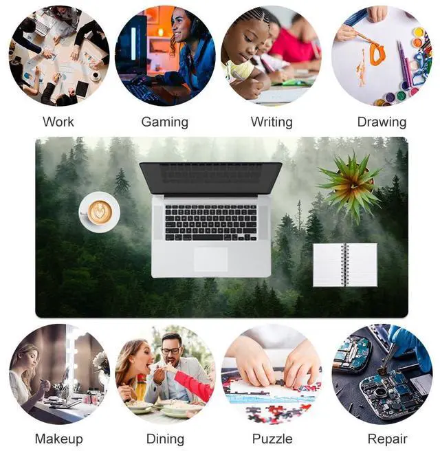 Alt view image 7 of 7 - KEHIPI Large Mouse Pad, Extended Desk Mat for Desktop, PU Leather Waterproof Gaming Mousepad, Computer Desk Accessories Protector Writing Pads for School Office Home 31.5" x 15.7" - Misty Forest