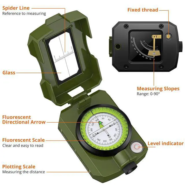 Alt view image 5 of 7 - KEHIPI IP54 Hiking Compass - Professional Military Compass with Sighting Clinometer Aluminum Alloy Camping Compass Waterproof with Carry Bag