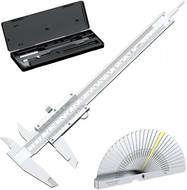 Main image of KEHIPI Vernier Caliper 6 Inch + Stainless Steel Feeler Gauge 32 Blade, 6" Stainless Steel Non Digital Caliper, 0-6Inch/0-150mm0.02mm/0.001" High Precision Caliper