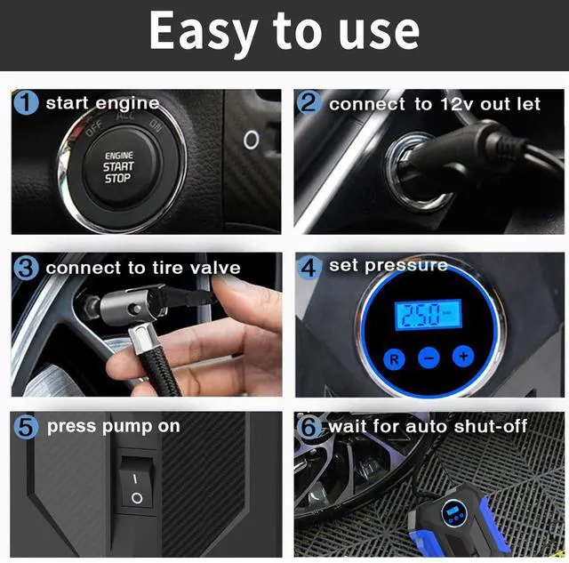 Alt view image 6 of 6 - KEHIPI Digital Air Compressor for Car Auto Pump Portable Tire Inflator with LED Light DC 12V, Blue