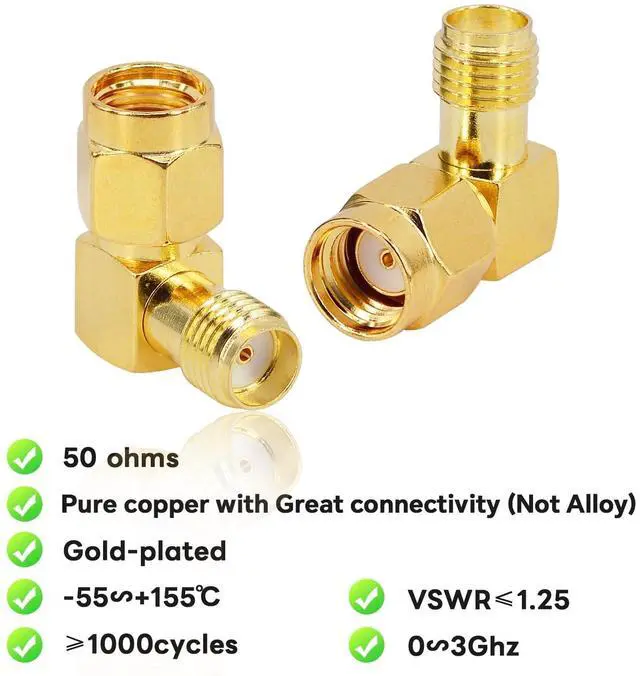 Alt view image 3 of 6 - KEHIPI RP-SMA 90 Degree Adapter RP-SMA Male to SMA Female Right Angle Connector Gold Plated SMA RF Coaxial Connector Elbow for FPV Antenna,Radios,Broadcast Pack of 2