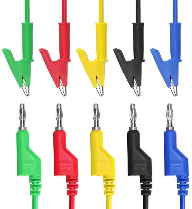 Alt view image 3 of 7 - KEHIPI Multimeter Banana Plug to Crocodile Alligator Clip Test Probe, 5PCS 4mm Stackable Colorful Silicone Banana Plug to Alligator Clip Test Probe Lead Wire Cable 1M