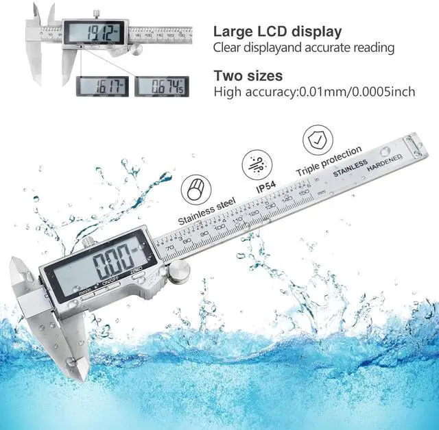 Alt view image 2 of 7 - KEHIPI Digital Caliper, IP54 Waterproof Stainless Steel Caliper Measuring Tool, Vernier Caliper with Huge LCD Screen, Auto - Off Feature, Inch and Millimeter Conversion (6 Inch /150 mm)