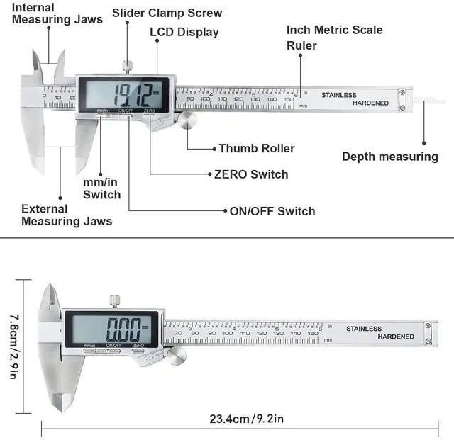 Alt view image 4 of 7 - KEHIPI Digital Caliper, IP54 Waterproof Stainless Steel Caliper Measuring Tool, Vernier Caliper with Huge LCD Screen, Auto - Off Feature, Inch and Millimeter Conversion (6 Inch /150 mm)