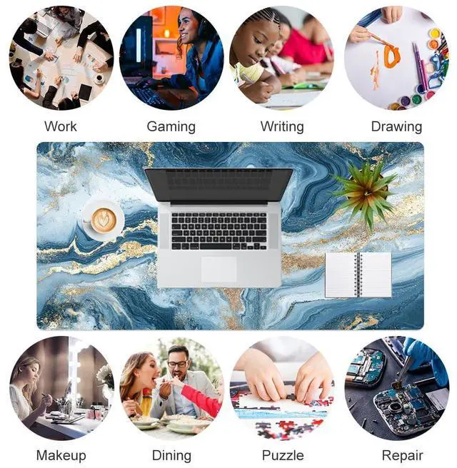 Alt view image 7 of 7 - KEHIPI Desk Pad Large Keyboard and Mouse Pad for Laptop Computer, PU Leather Desk Cover Protector, Desk Décor Accessories for Office Home Work Writing Gaming 31.5" x 15.7" - Blue White Marble