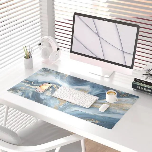 Alt view image 2 of 7 - KEHIPI Desk Pad Large Keyboard and Mouse Pad for Laptop Computer, PU Leather Desk Cover Protector, Desk Décor Accessories for Office Home Work Writing Gaming 31.5" x 15.7" - Blue White Marble