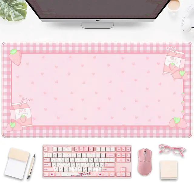 Main image of KEHIPI Cute Pink Plaid Desk Mats Strawberry Milk Gaming Desk Pad,Kawaii Extended Mouse Pad Kawaii Large Keyboard Mats XXL,Laptop Mat for Desk, Desktop Mat Mousepad Office Decor for Women 31.5"x15.75"