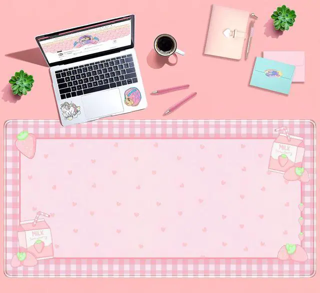 Alt view image 3 of 6 - KEHIPI Cute Pink Plaid Desk Mats Strawberry Milk Gaming Desk Pad,Kawaii Extended Mouse Pad Kawaii Large Keyboard Mats XXL,Laptop Mat for Desk, Desktop Mat Mousepad Office Decor for Women 31.5"x15.75"