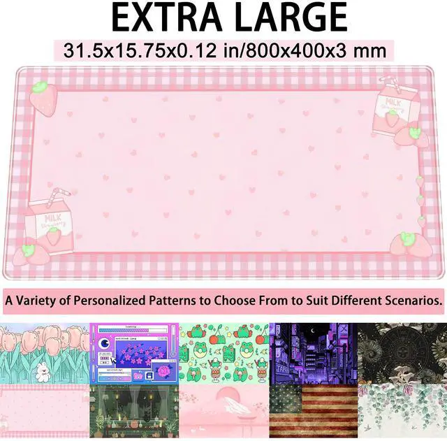 Alt view image 2 of 6 - KEHIPI Cute Pink Plaid Desk Mats Strawberry Milk Gaming Desk Pad,Kawaii Extended Mouse Pad Kawaii Large Keyboard Mats XXL,Laptop Mat for Desk, Desktop Mat Mousepad Office Decor for Women 31.5"x15.75"