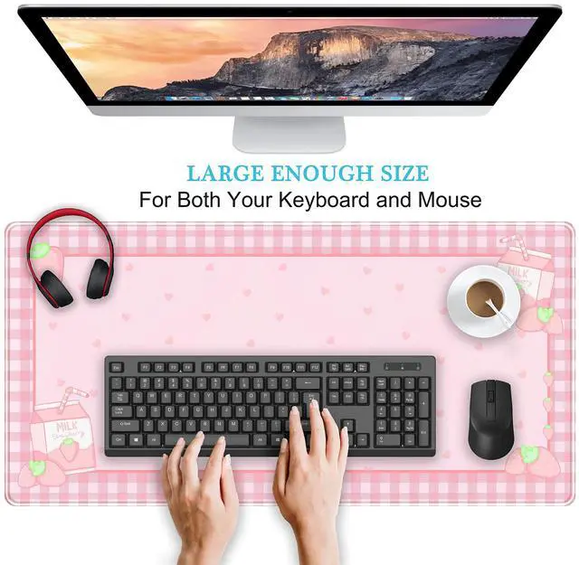Alt view image 4 of 6 - KEHIPI Cute Pink Plaid Desk Mats Strawberry Milk Gaming Desk Pad,Kawaii Extended Mouse Pad Kawaii Large Keyboard Mats XXL,Laptop Mat for Desk, Desktop Mat Mousepad Office Decor for Women 31.5"x15.75"