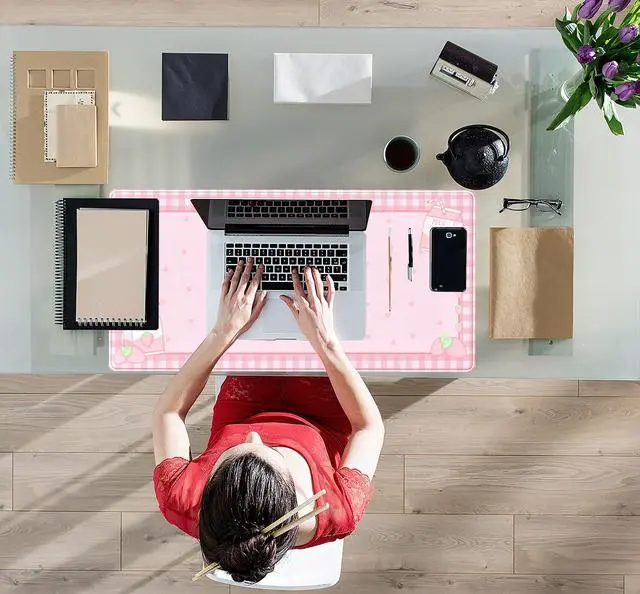 Alt view image 5 of 6 - KEHIPI Cute Pink Plaid Desk Mats Strawberry Milk Gaming Desk Pad,Kawaii Extended Mouse Pad Kawaii Large Keyboard Mats XXL,Laptop Mat for Desk, Desktop Mat Mousepad Office Decor for Women 31.5"x15.75"