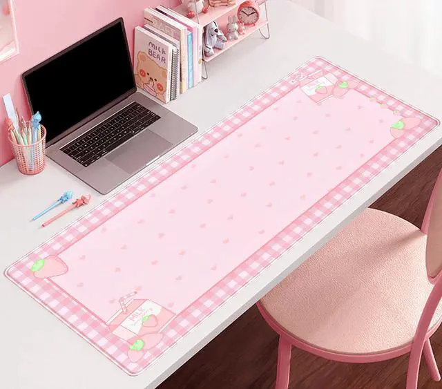 Alt view image 6 of 6 - KEHIPI Cute Pink Plaid Desk Mats Strawberry Milk Gaming Desk Pad,Kawaii Extended Mouse Pad Kawaii Large Keyboard Mats XXL,Laptop Mat for Desk, Desktop Mat Mousepad Office Decor for Women 31.5"x15.75"