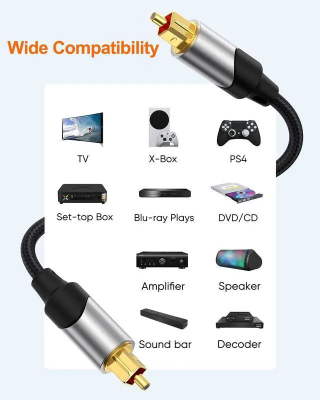 Alt view image 4 of 7 - KEHIPI Optical Audio Cable, 25FT Male SPDIF Cable with Nylon Braided Fiber Optic Cord for Home Theater, Sound Bar, TV, PS4, Xbox, VD/CD & More.Black & Sliver