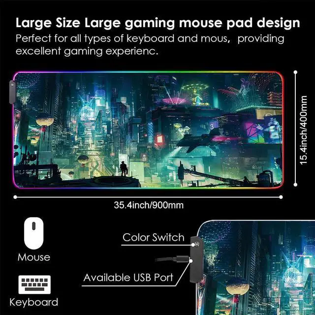 Alt view image 2 of 6 - KEHIPI RGB Mouse Pad, XXL LED Gaming Mouse Mat Heavy Duty Anty Slip 35.4 * 15.7 Inches greencity