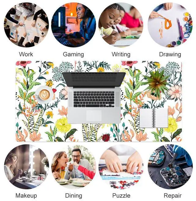Alt view image 7 of 7 - KEHIPIFloral Large Mouse Pad, Colorful Desk Mat for Desktop, Women Girls Desk Accessories Office Décor, PU Leather Waterproof Big Gaming Mousepad, Blooming Flowers Desk Pad Computer Mat, 31.5" x 15.7"