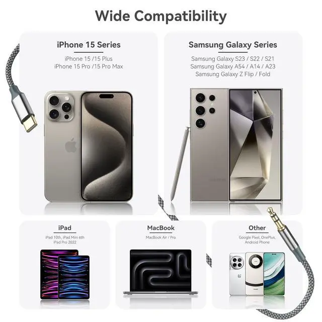 Alt view image 7 of 7 - KEHIPI USB C to 3.5mm Audio Aux Jack Cable, Type C to 3.5mm Headphone Car Stereo Cord Compatible with iPhone 15 Pro Max 15 Plus, Samsung Galaxy S21~24 Note 20, Pixel 4 5 XL, iPad Pro (Black, 3.3ft)