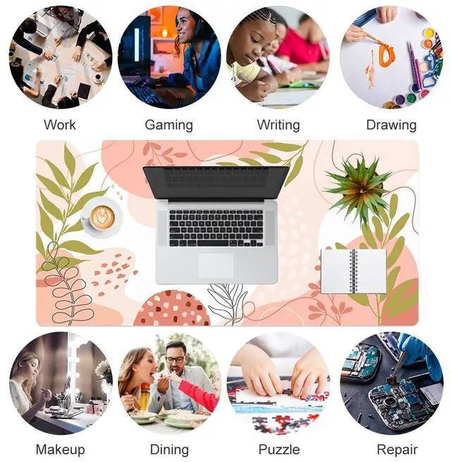 Alt view image 7 of 7 - KEHIPI Large Mouse Pad, Cute Desk Mat for Desktop, Women Girls Minimalist Pink Office Desk Accessories, PU Leather Waterproof Gaming Mousepad, Tropical Leaves Desk Pad Computer Mat, 31.5" x 15.7"