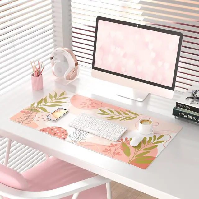 Alt view image 2 of 7 - KEHIPI Large Mouse Pad, Cute Desk Mat for Desktop, Women Girls Minimalist Pink Office Desk Accessories, PU Leather Waterproof Gaming Mousepad, Tropical Leaves Desk Pad Computer Mat, 31.5" x 15.7"
