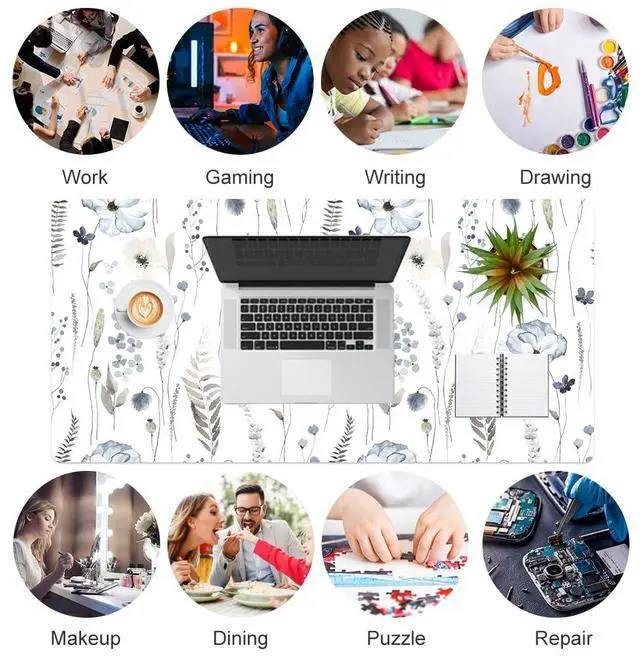 Alt view image 7 of 7 - KEHIPI Large Mouse Pad for Desk, Floral Desk Mat for Desktop, Women Girls Office Décor Desk Accessories, PU Leather Waterproof Gaming Mousepad, Watercolor Flowers Desk Pad Computer Mat, 31.5" x 15.7"