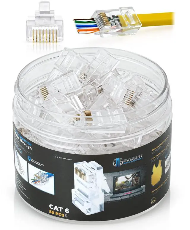 Main image of KEHIPI Cat6 RJ45 Pass Through Connector 50-Pack - EZ Cat 6 Pass Through RJ45 Connectors - cat 6 connectors - Ethernet Connector - Ethernet Plug - for Solid or Stranded UTP Network Cable