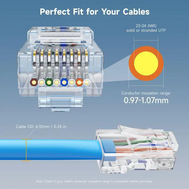 Alt view image 3 of 7 - KEHIPI 200-Pack Cat 6 Pass Through RJ45 Connectors, 50µ Gold Plated (Cat 6 Ends / Cat6 Connector /RJ45 Modular Plugs/Ethernet Plugs/Network Connector) for Solid or Stranded UTP Ethernet Cable